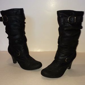 Nadara Suede Strap Buckle Black Mid Heel Boot